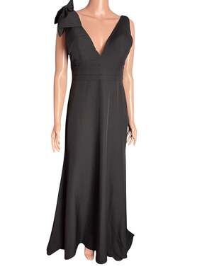 Mac Duggal Black Bow Shoulder Mermaid Gown Maxi Dress Size 6 Evening V-Neck
